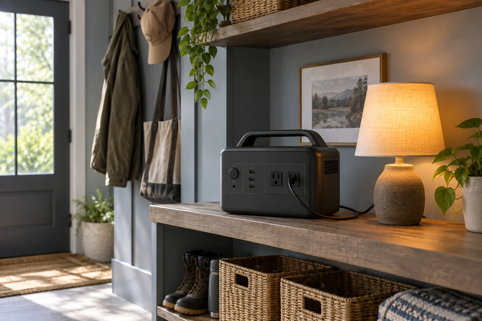 Illustrative unbranded portable power station powering a lamp on a shelf at home